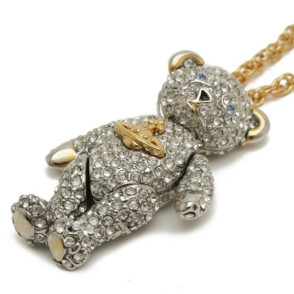 Vivienne Westwood Teddy Bear Motif Necklace Pendant Rhinestone Silver Gold Color - Picture 3 of 6